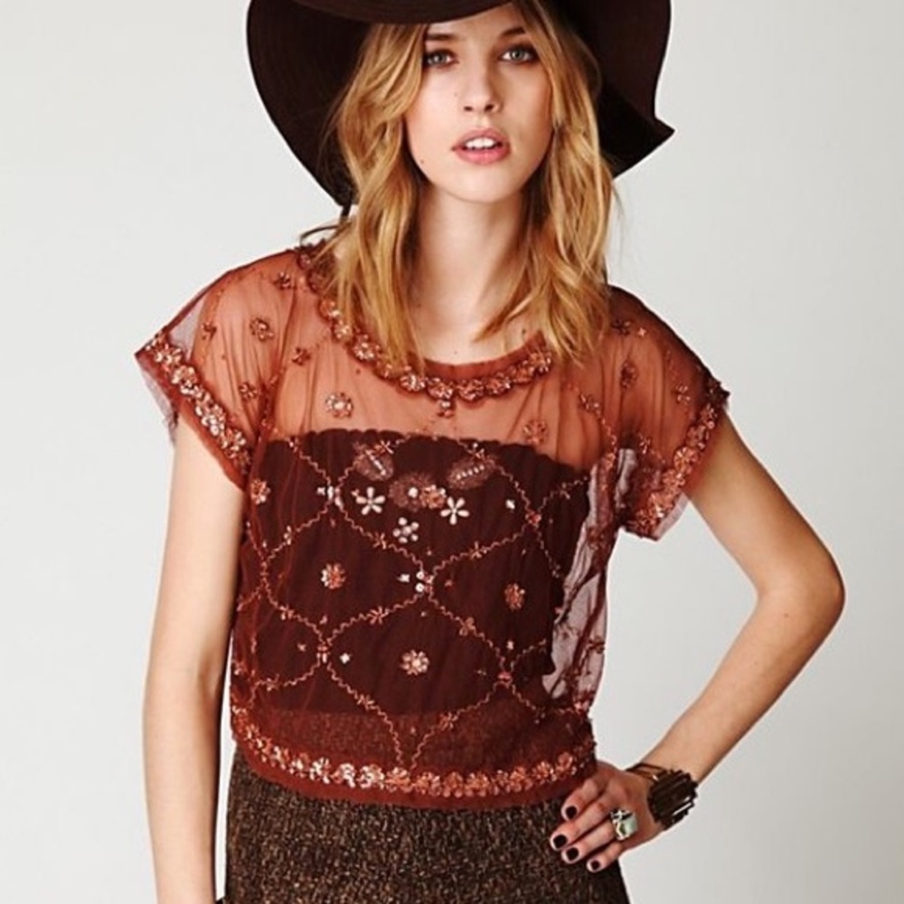 FREE PEOPLE mesh & sequin crop top